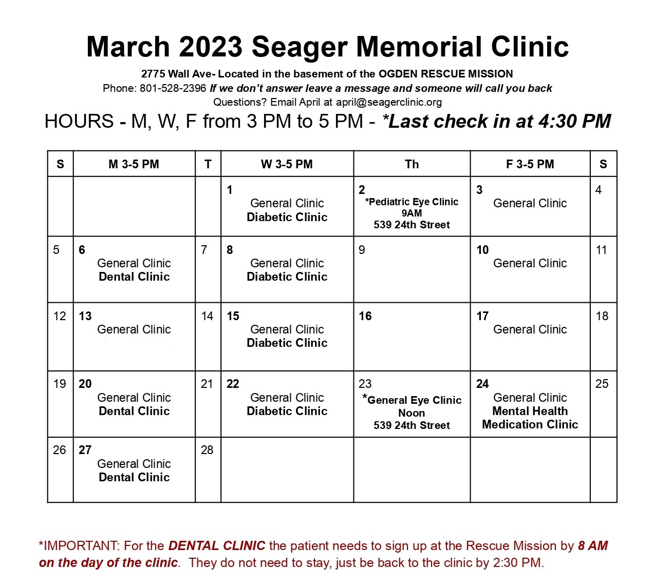 Seager-Clinic March Schedule
