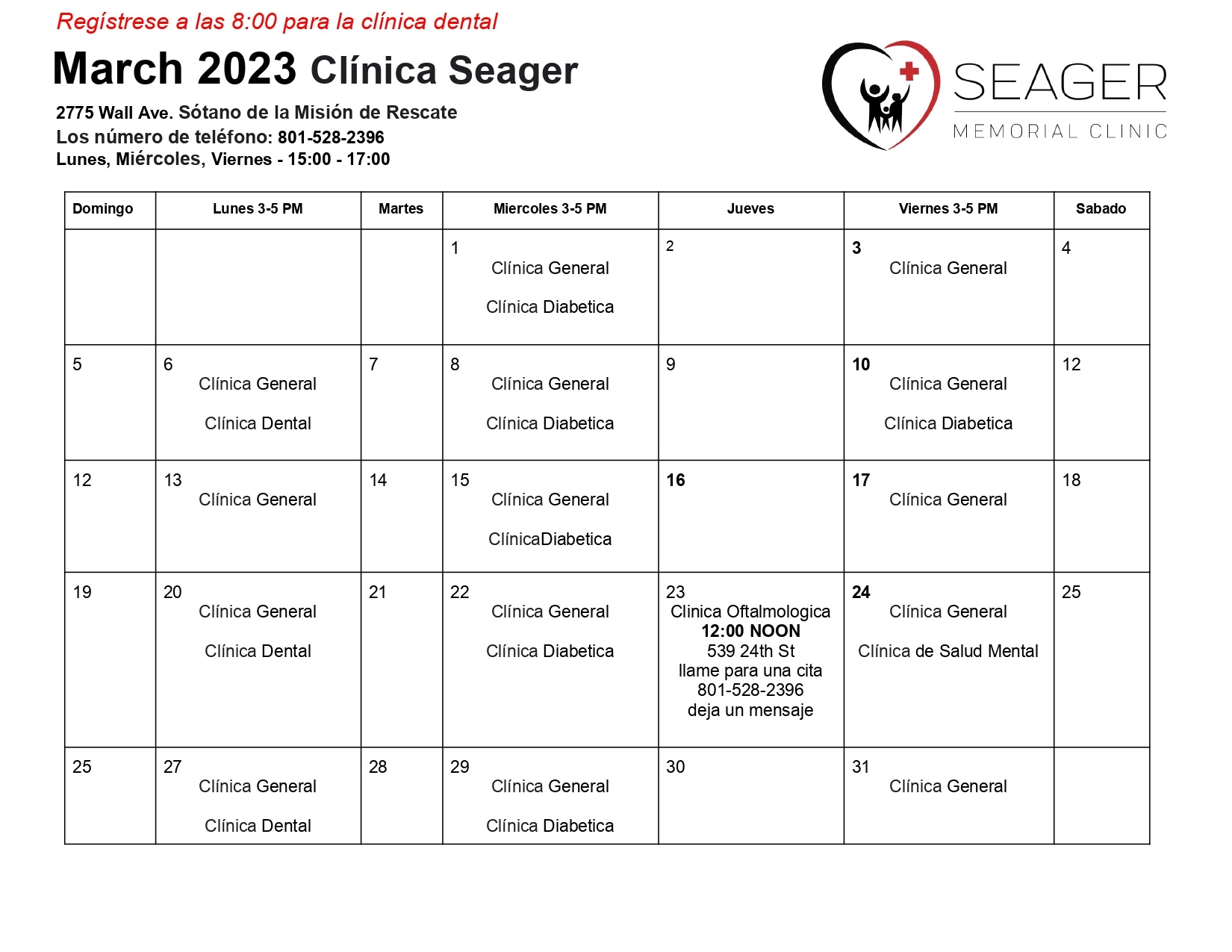 Seager-Clinic March Schedule Spanish